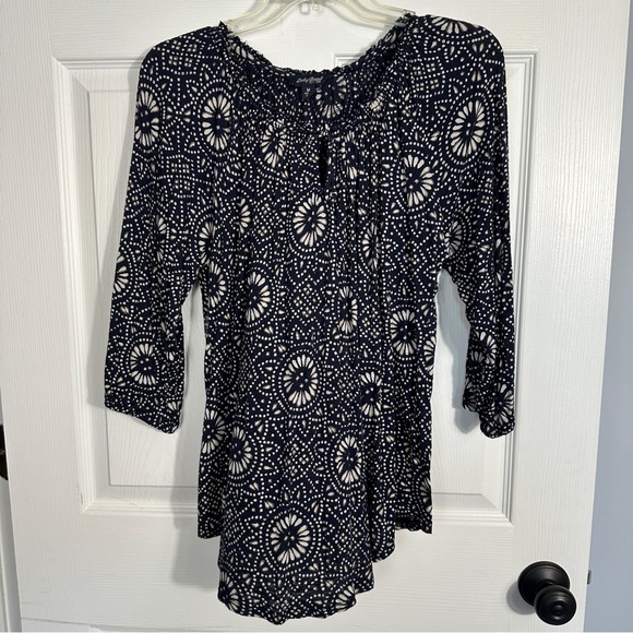 Lucky Brand size M 100% viscose blue/tan/white top, flowy, loose fit, 3/4 slvs - Picture 1 of 9